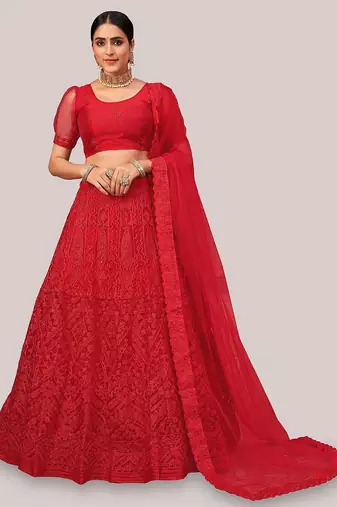 Embroidered Semi-Stitched Lehenga & Unstitched Blouse With Dupatta