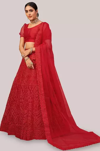 Embroidered Semi-Stitched Lehenga & Unstitched Blouse With Dupatta