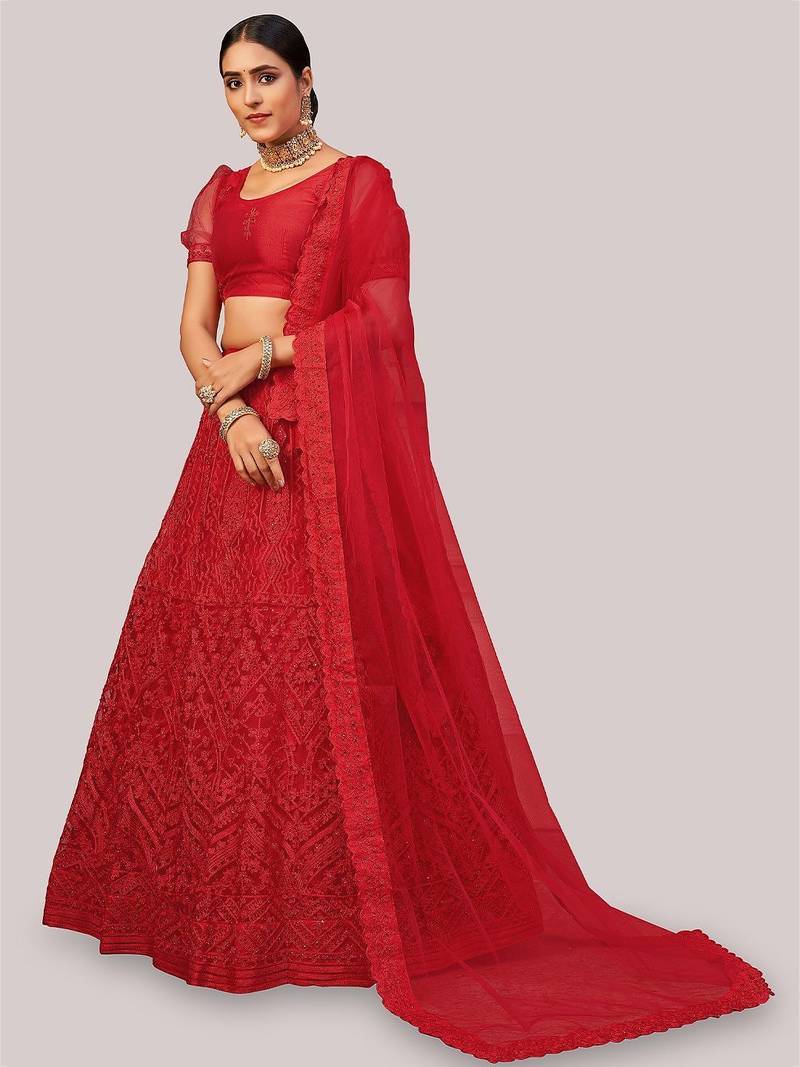 Embroidered Semi-Stitched Lehenga & Unstitched Blouse With Dupatta