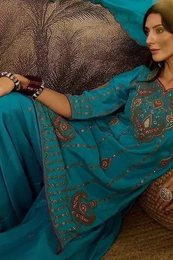 Embroidered round neck kurta & palazzos with dupatta