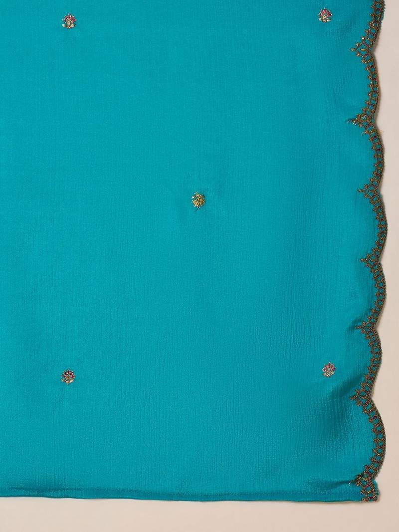 Embroidered round neck kurta & palazzos with dupatta
