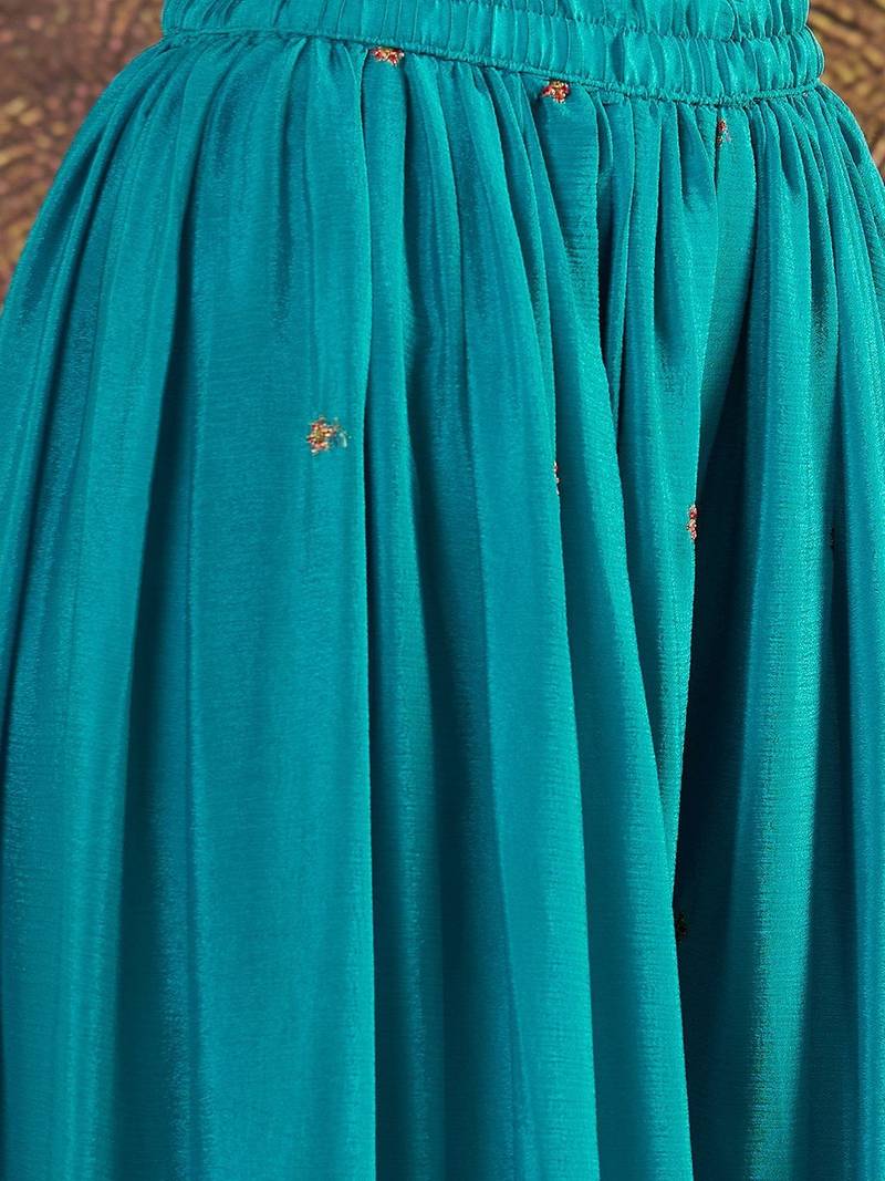 Embroidered round neck kurta & palazzos with dupatta