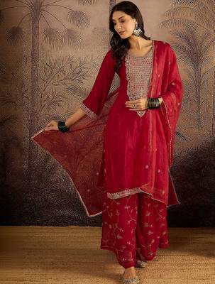 Embroidered round neck kurta & palazzos with dupatta 1