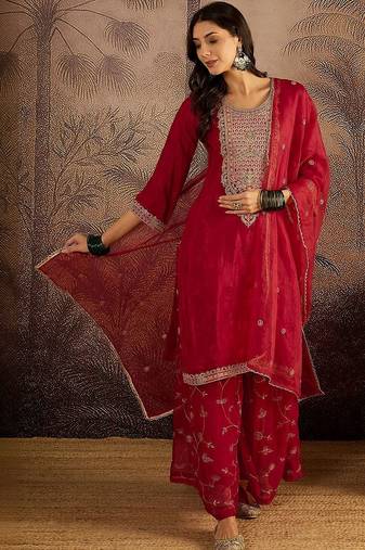 Embroidered round neck kurta & palazzos with dupatta