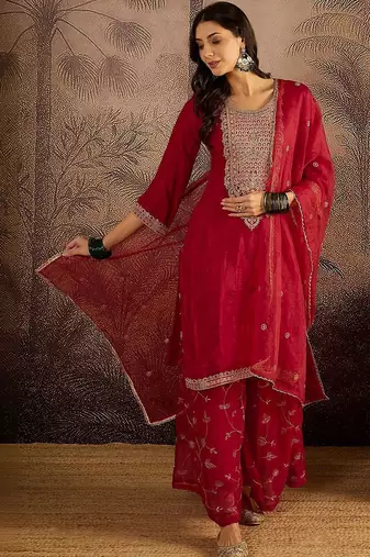 Embroidered round neck kurta & palazzos with dupatta