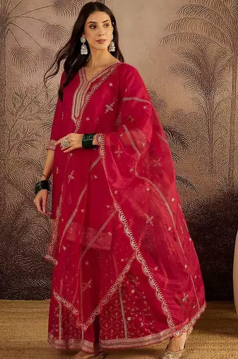 Ethnic motifs embroidered sequinned straight kurta with sharara & dupatta