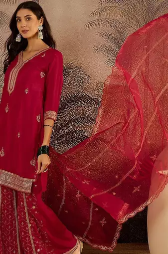 Ethnic motifs embroidered sequinned straight kurta with sharara & dupatta