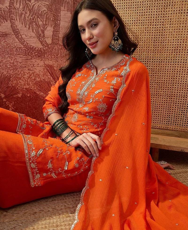 Embroidered round neck kurta & palazzos kurta sets