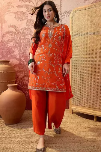 Embroidered round neck kurta & palazzos kurta sets