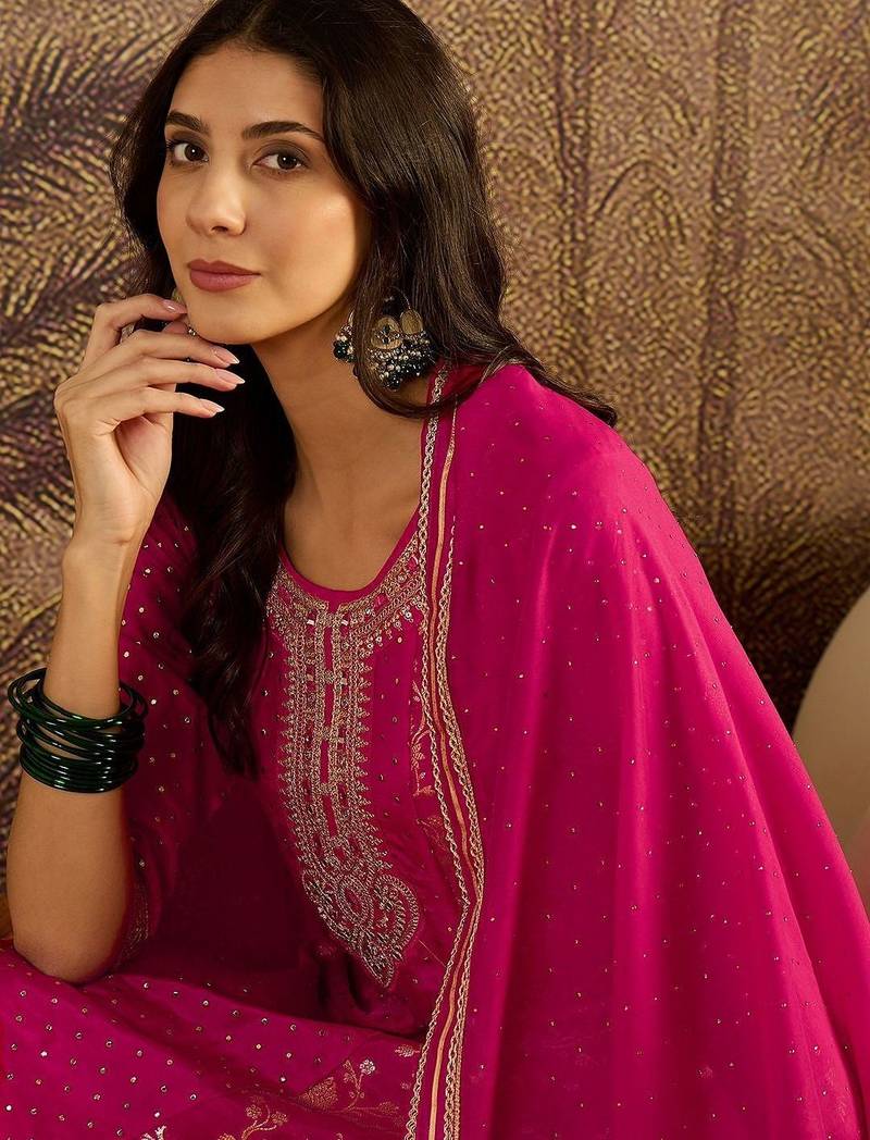Women ethnic motifs embroidered regular kurta set with dupatta
