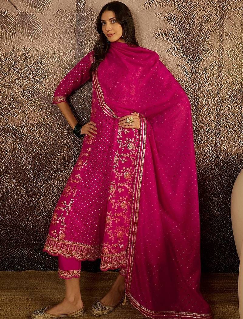 Women ethnic motifs embroidered regular kurta set with dupatta