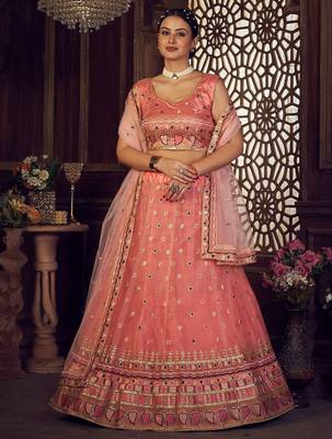Embroidered Thread Work Semi-Stitched Lehenga & Unstitched Blouse With 1