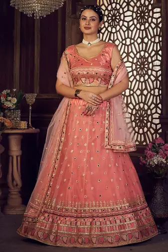 Embroidered Thread Work Semi-Stitched Lehenga & Unstitched Blouse With