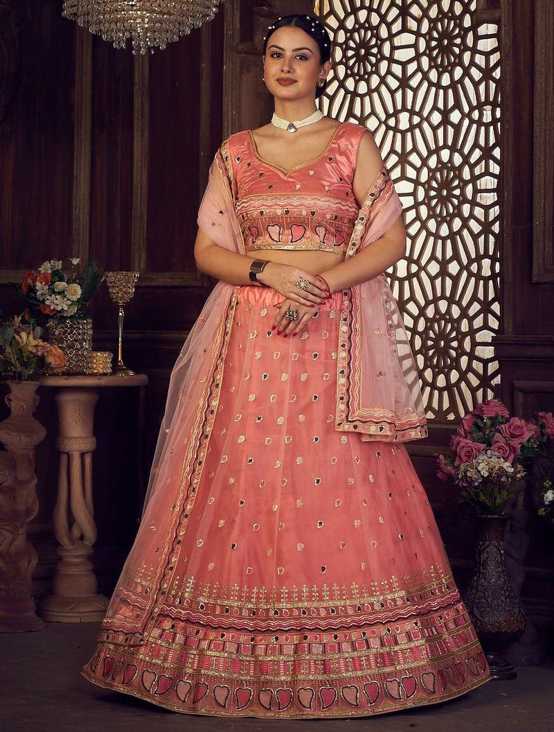 Embroidered Thread Work Semi-Stitched Lehenga & Unstitched Blouse With