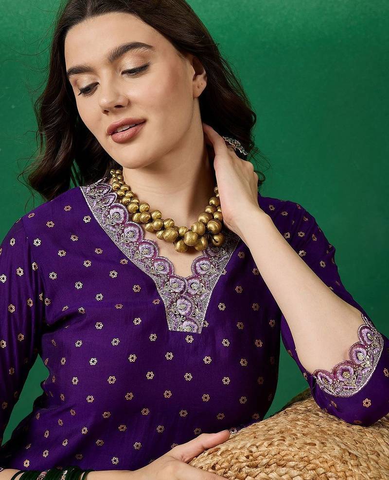 Dchinon zari sequence embroidered & foil printed a-line kurta with trousers