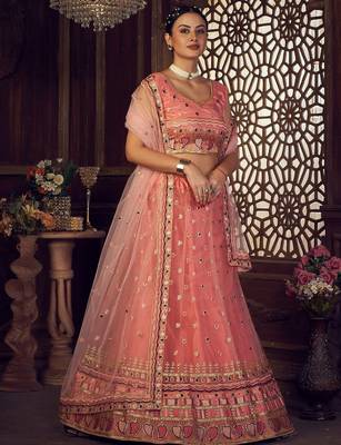 Embroidered Thread Work Semi-Stitched Lehenga & Unstitched Blouse With 4
