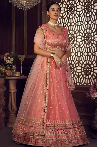 Embroidered Thread Work Semi-Stitched Lehenga & Unstitched Blouse With