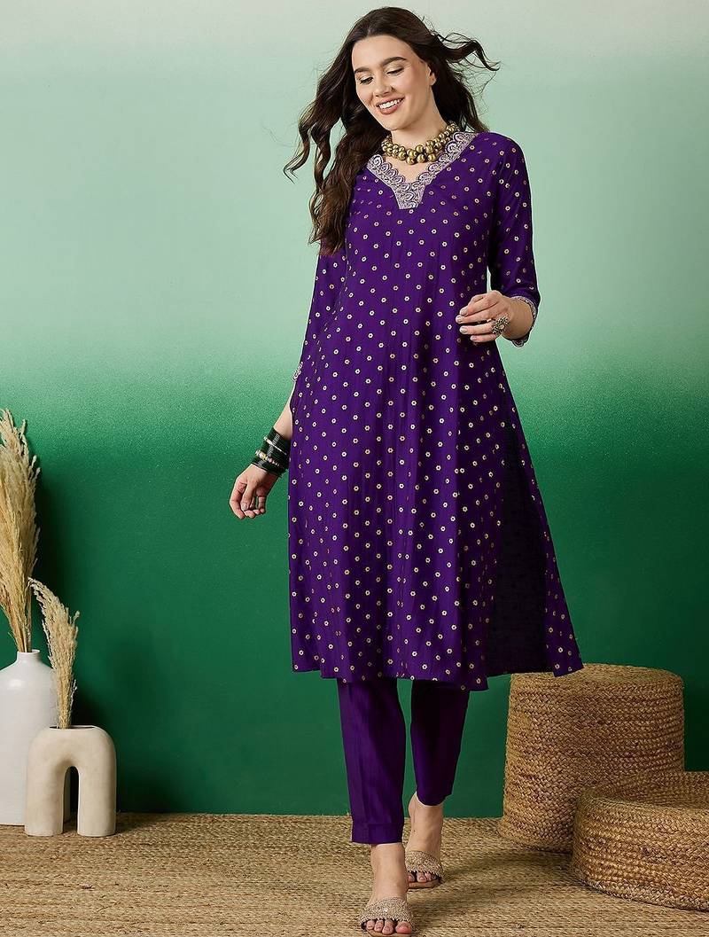 Dchinon zari sequence embroidered & foil printed a-line kurta with trousers