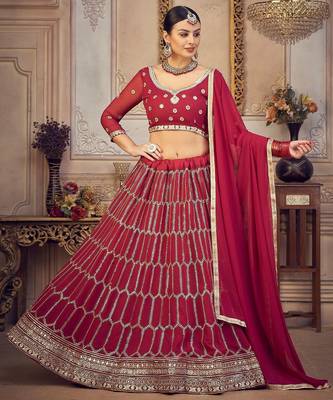 Embroidered Thread Work Semi-Stitched Lehenga & Unstitched Blouse With Dupatta 1