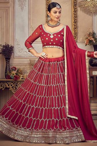 Embroidered Thread Work Semi-Stitched Lehenga & Unstitched Blouse With Dupatta