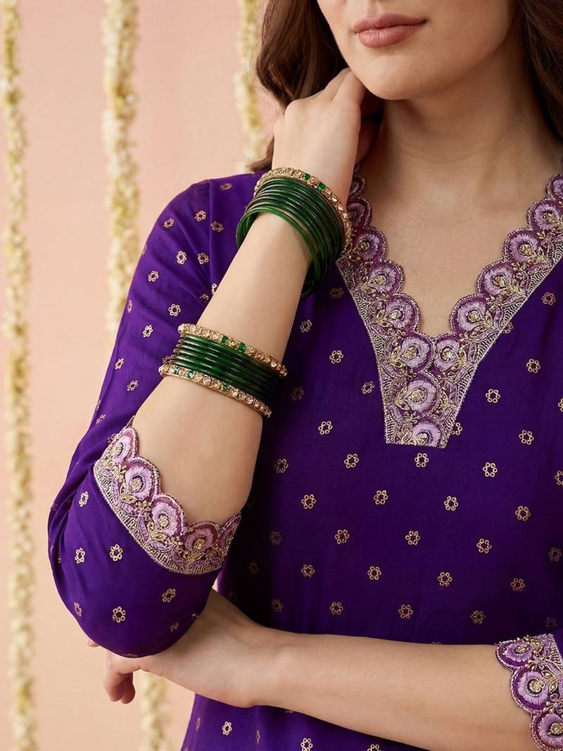 Zari sequence embroidered v-neck kurta & trousers