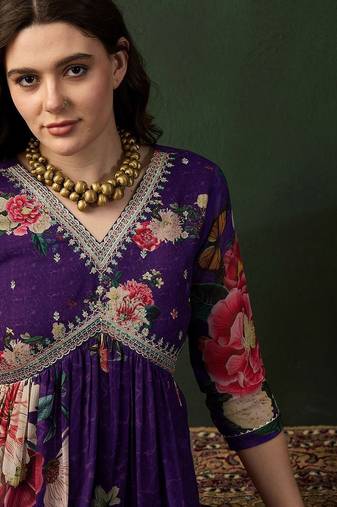 V neck embroidered a-line kurta with trouser