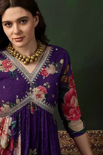 V neck embroidered a-line kurta with trouser
