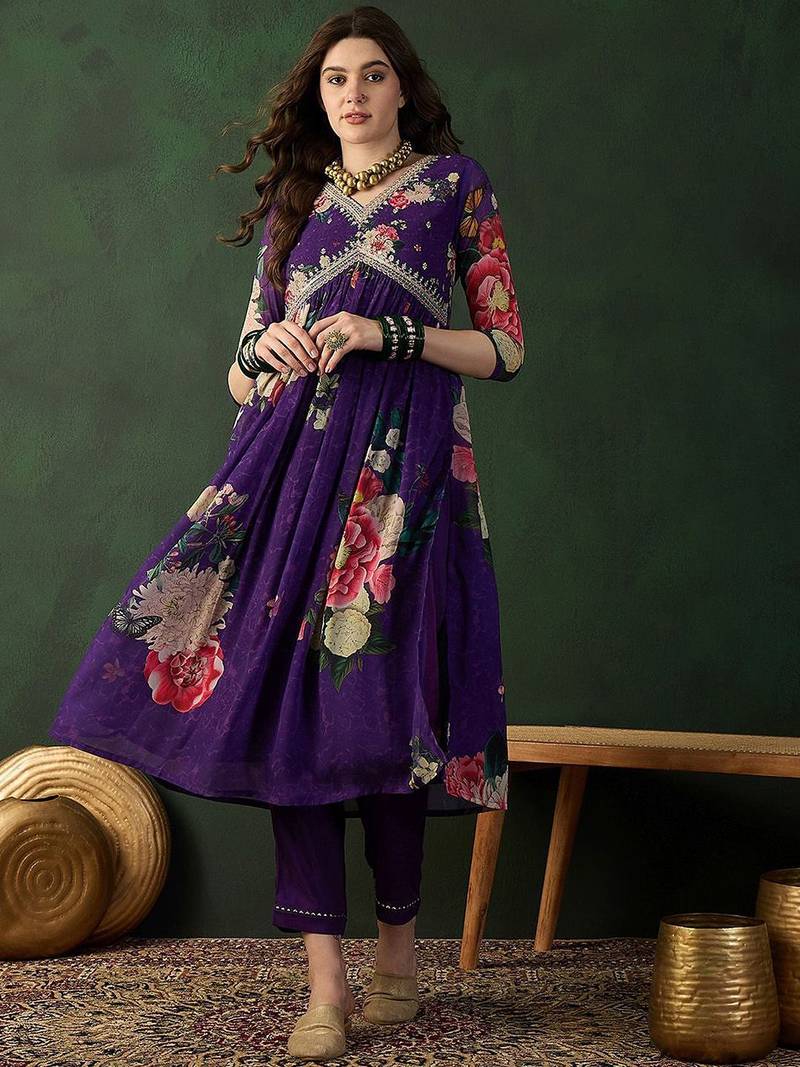 V neck embroidered a-line kurta with trouser