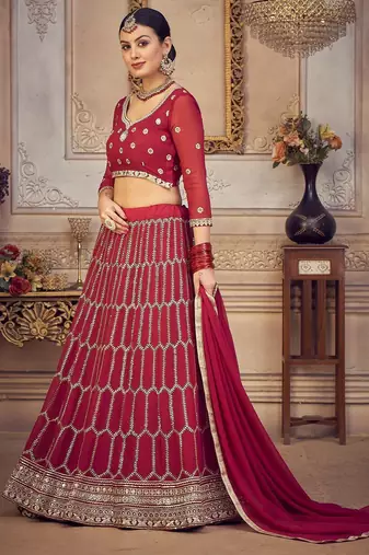 Embroidered Thread Work Semi-Stitched Lehenga & Unstitched Blouse With Dupatta