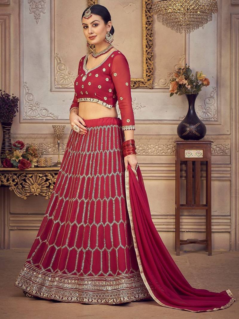 Embroidered Thread Work Semi-Stitched Lehenga & Unstitched Blouse With Dupatta