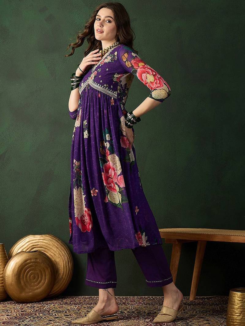 V neck embroidered a-line kurta with trouser