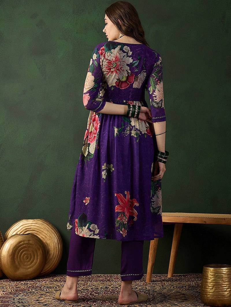 V neck embroidered a-line kurta with trouser