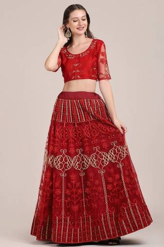 Embroidered Thread Work Semi-Stitched Lehenga & Unstitched Blouse With Dupatta