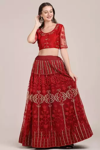 Embroidered Thread Work Semi-Stitched Lehenga & Unstitched Blouse With Dupatta