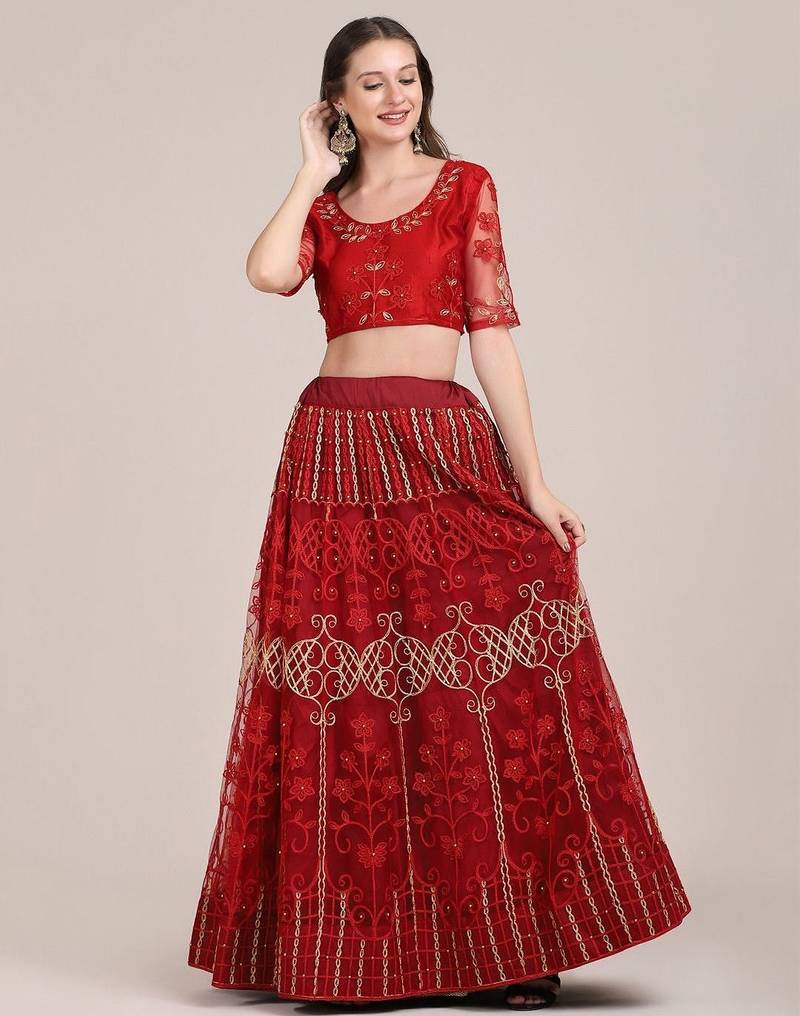 Embroidered Thread Work Semi-Stitched Lehenga & Unstitched Blouse With Dupatta