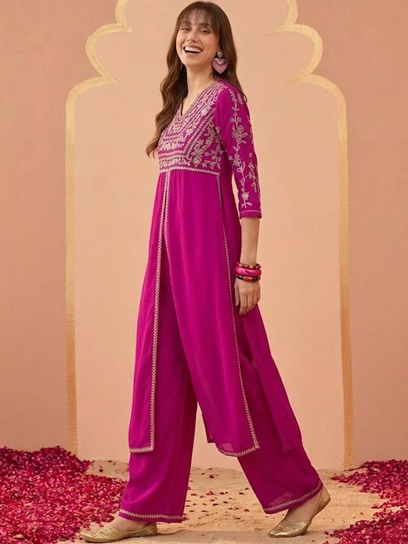 Embroidered v-neck kurta & trousers
