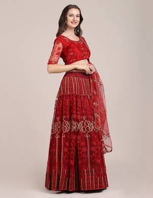 Embroidered Thread Work Semi-Stitched Lehenga & Unstitched Blouse With Dupatta 4