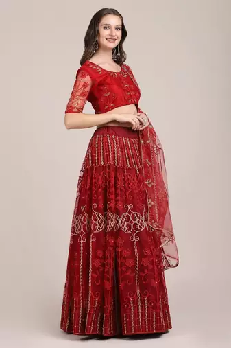 Embroidered Thread Work Semi-Stitched Lehenga & Unstitched Blouse With Dupatta