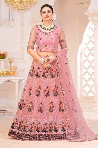 Pink & Maroon Semi-Stitched Lehenga & Unstitched Blouse With Dupatta