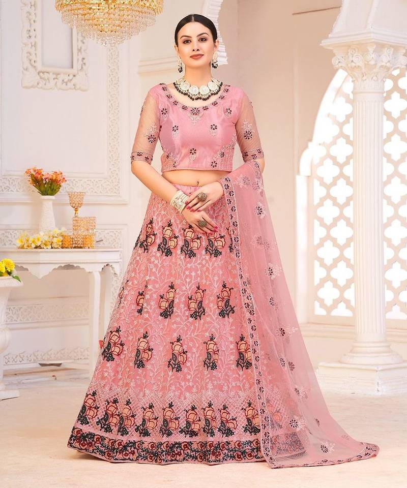 Pink & Maroon Semi-Stitched Lehenga & Unstitched Blouse With Dupatta