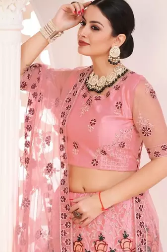 Pink & Maroon Semi-Stitched Lehenga & Unstitched Blouse With Dupatta