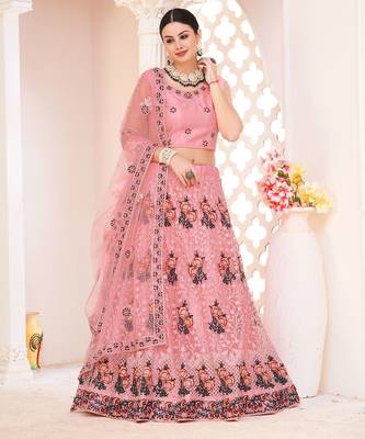 Pink & Maroon Semi-Stitched Lehenga & Unstitched Blouse With Dupatta 4