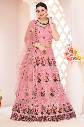 Pink & Maroon Semi-Stitched Lehenga & Unstitched Blouse With Dupatta