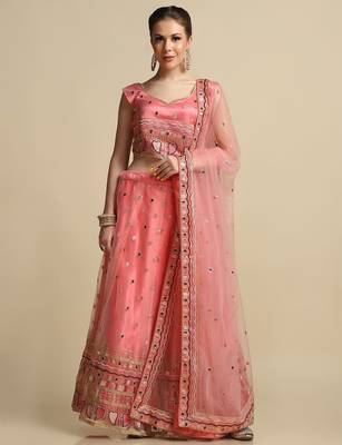 Peach & Brown Sequinned Semi-Stitched Lehenga & Unstitched Blouse With Dupatta 1