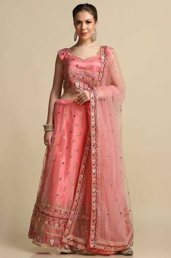 Peach & Brown Sequinned Semi-Stitched Lehenga & Unstitched Blouse With Dupatta