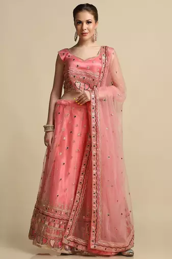 Peach & Brown Sequinned Semi-Stitched Lehenga & Unstitched Blouse With Dupatta
