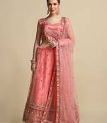 Peach & Brown Sequinned Semi-Stitched Lehenga & Unstitched Blouse With Dupatta