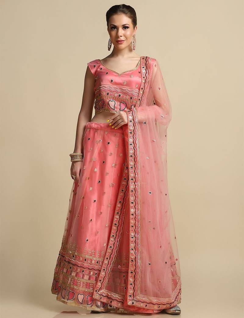 Peach & Brown Sequinned Semi-Stitched Lehenga & Unstitched Blouse With Dupatta
