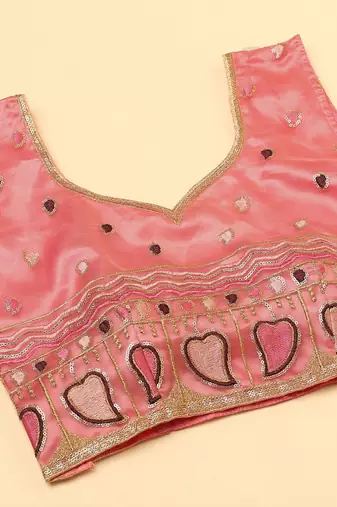 Peach & Brown Sequinned Semi-Stitched Lehenga & Unstitched Blouse With Dupatta