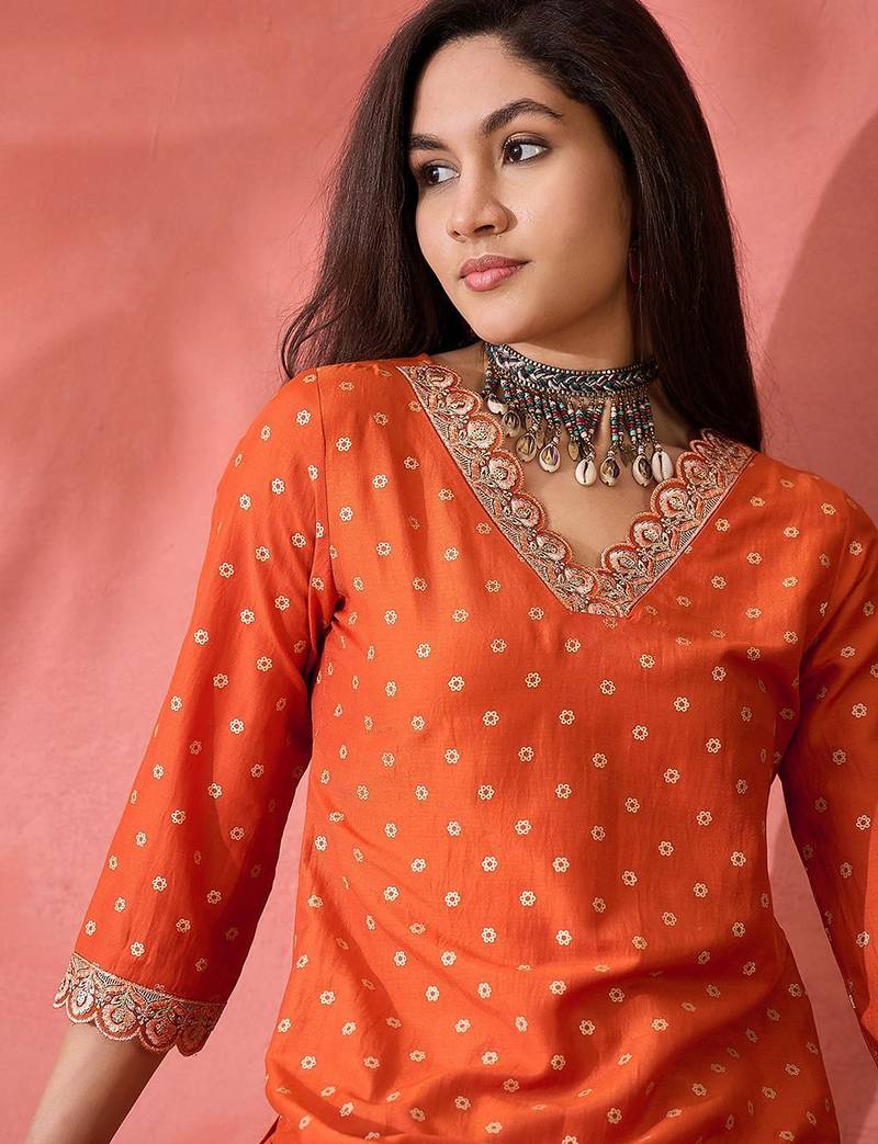 Orange floral printed silk blend v-neck straight kurta with trousers